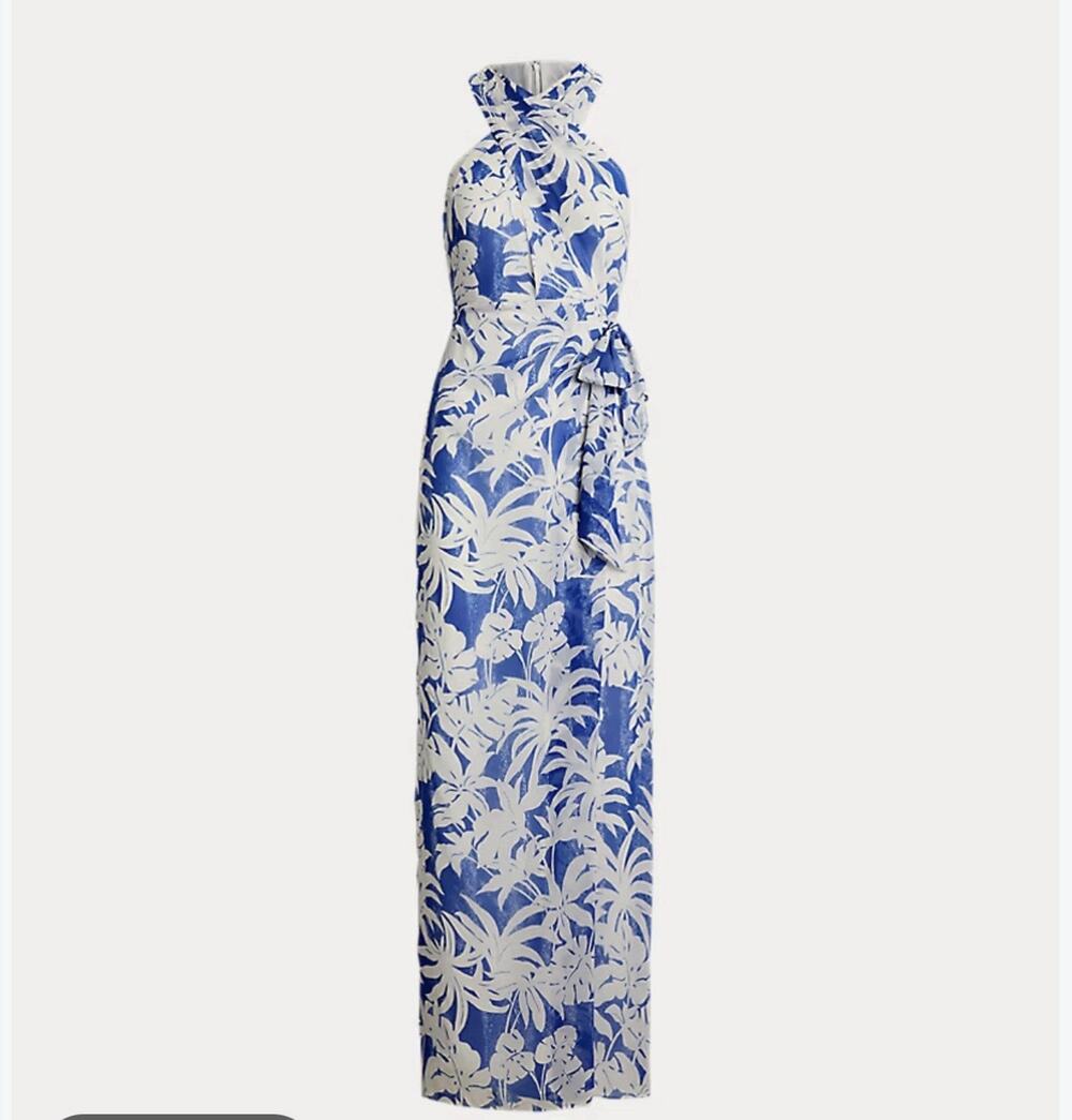 RALPH LAUREN $265 Women's 12 Palm Print Georgette Halter Gown Dress BLUE New